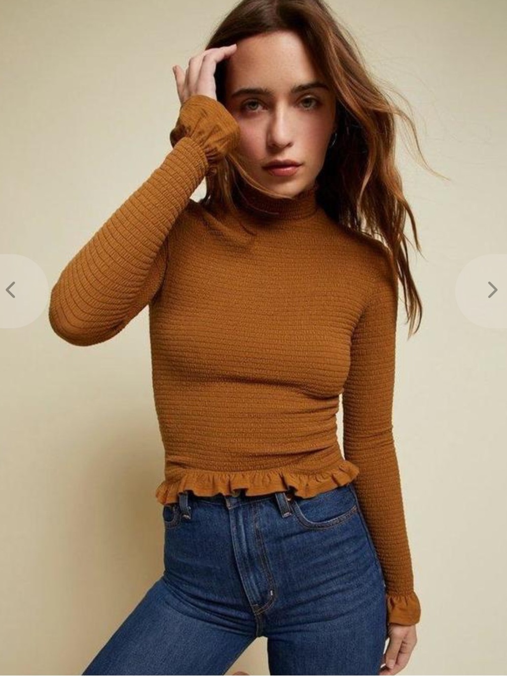 Nation LTD Brown Ruffle Trim Ribbed Long Sleeve Top Size Medium